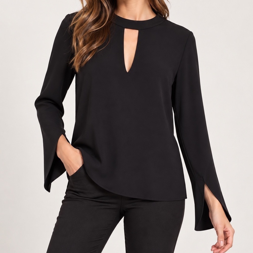 Alexis Black Keyhole Cutout Blouse Long Sleeve Split Cuff Top Small